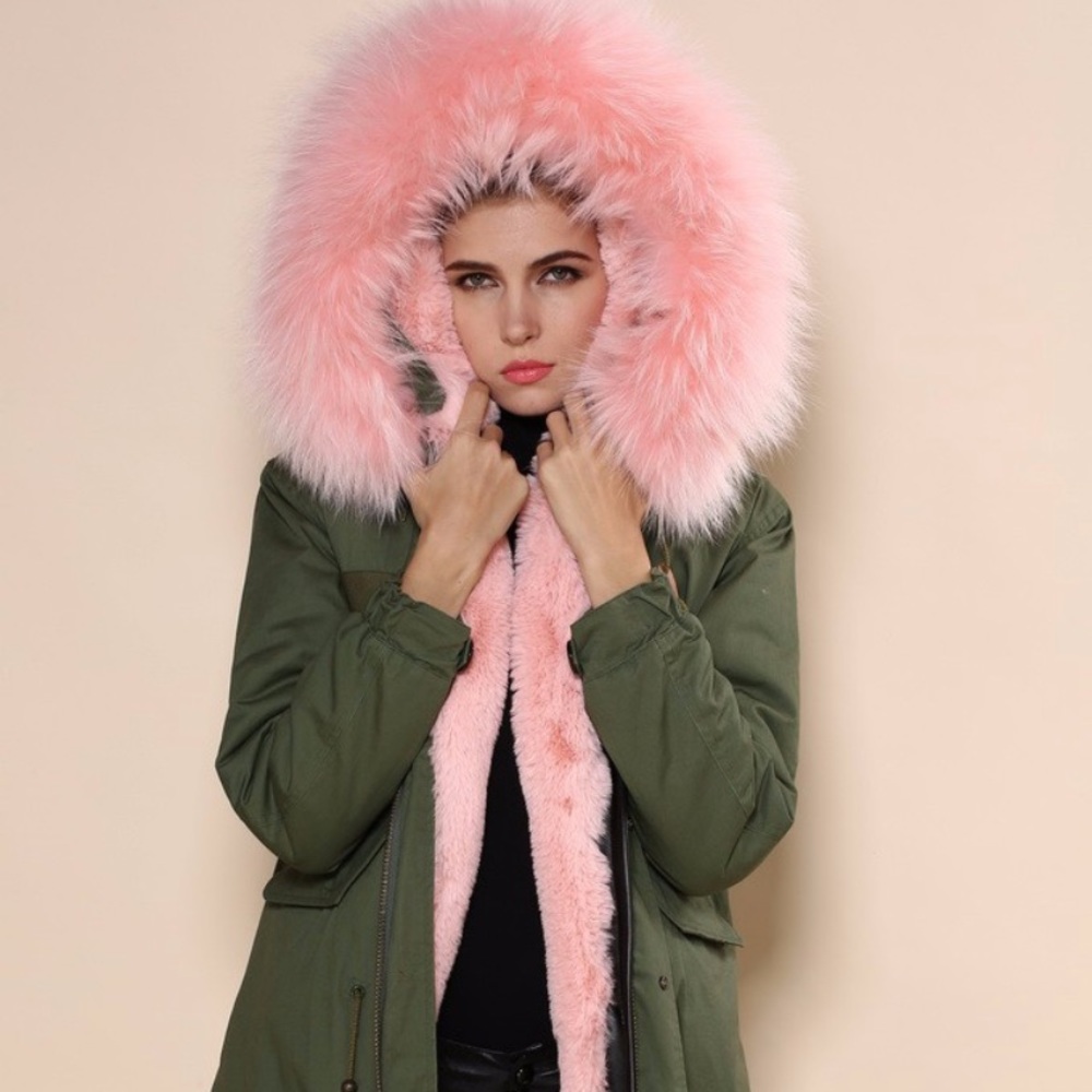 Military green genuine fox fur collar parka xs